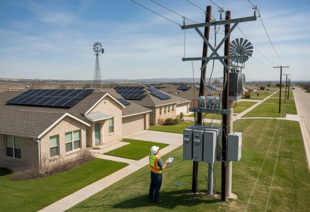 An energy technician inspects an electric meter on a house in a sunny Texas neighborhood with power lines, solar panels, and a windmill in the background.