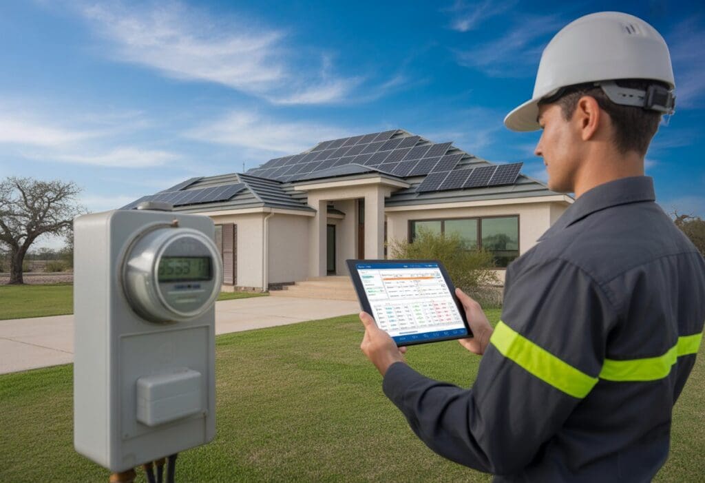 A utility worker standing near a Texas home with solar panels and an electric meter, holding a tablet showing energy data.