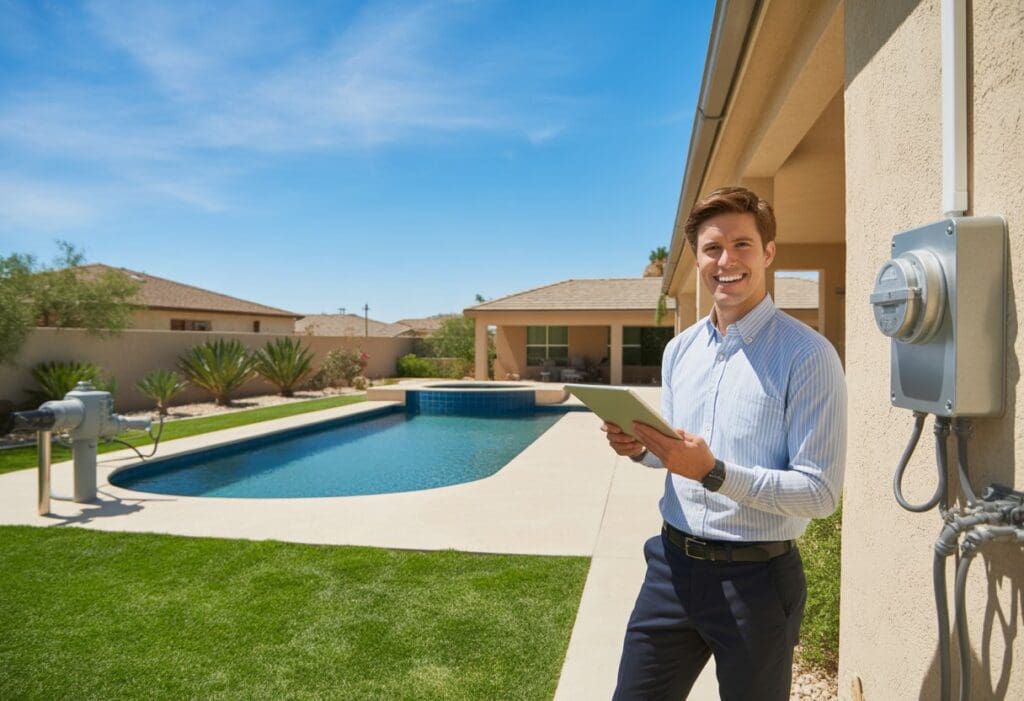 A person standing near an electric meter next to a backyard swimming pool in a sunny Texas home.