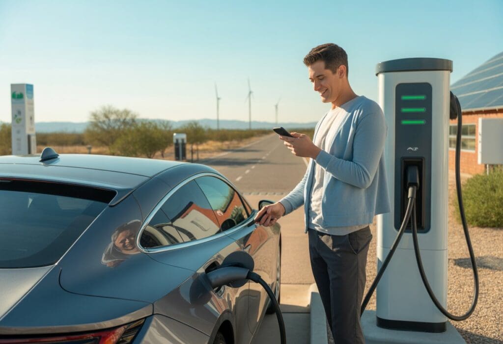 An electric car owner charges their vehicle at a public charging station outdoors in Texas with clear skies and a Texas landscape in the background.
