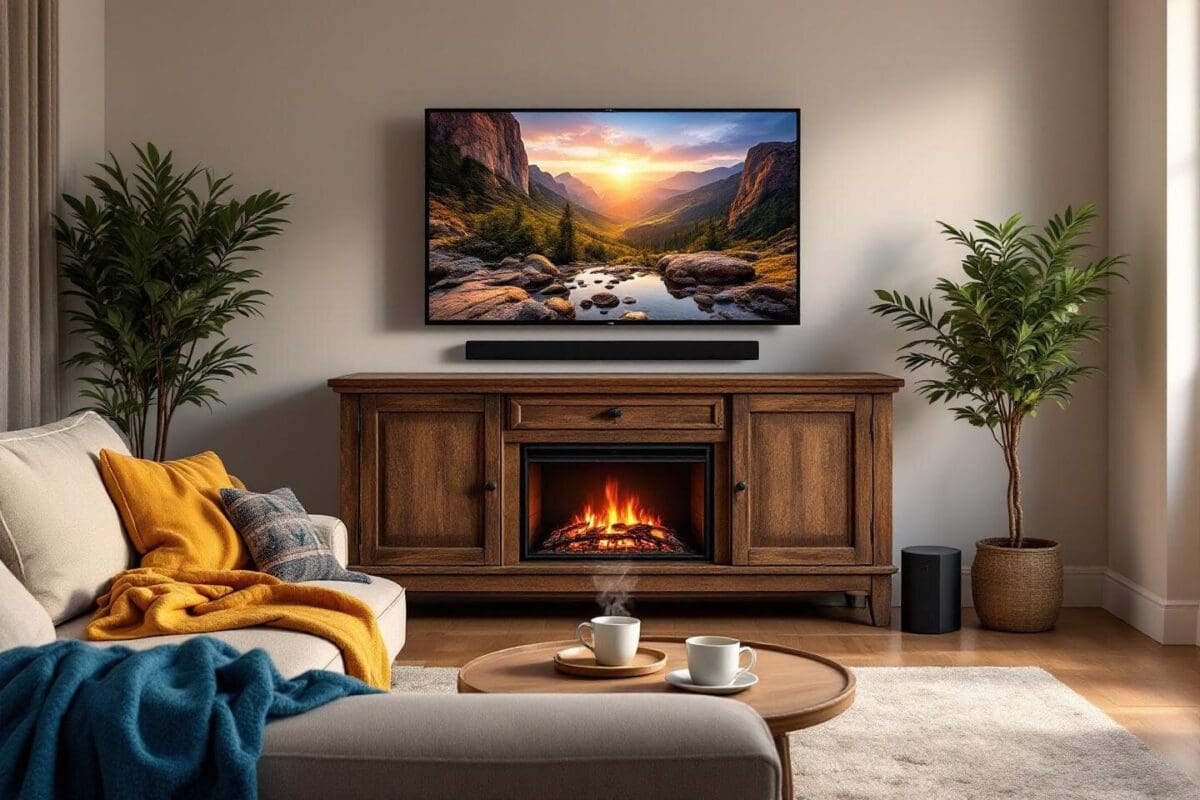 Cozy home living room with fireplace, TV, sofa, and plants. Energy-efficient home design. Interior decor.