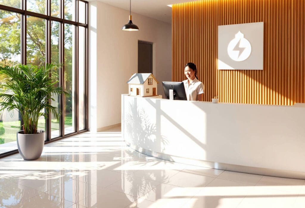 Modern energy company reception area. Woman at desk with house model. Power and electricity logo on wall.