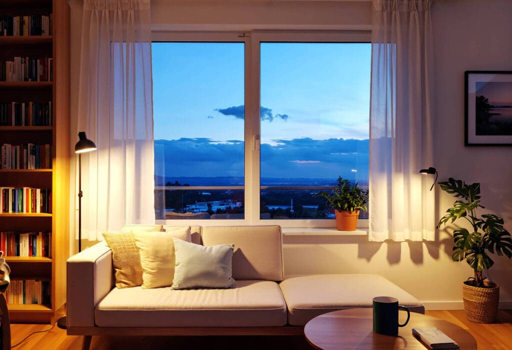 Cozy living room interior with sofa, bookcase, and scenic blue hour window view. Home energy efficiency concept.