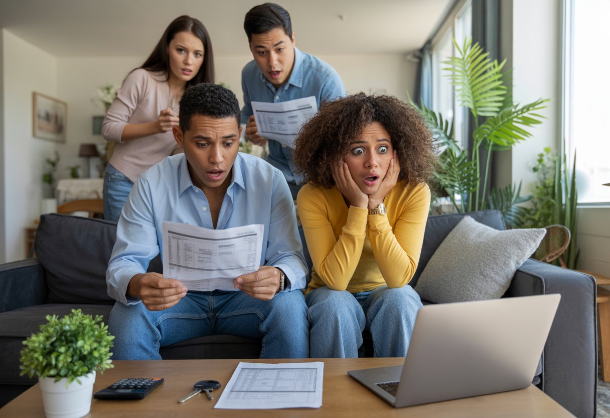 Shocked Texas renters react to move-in fees. Tenants review apartment costs, looking surprised at rental expenses.