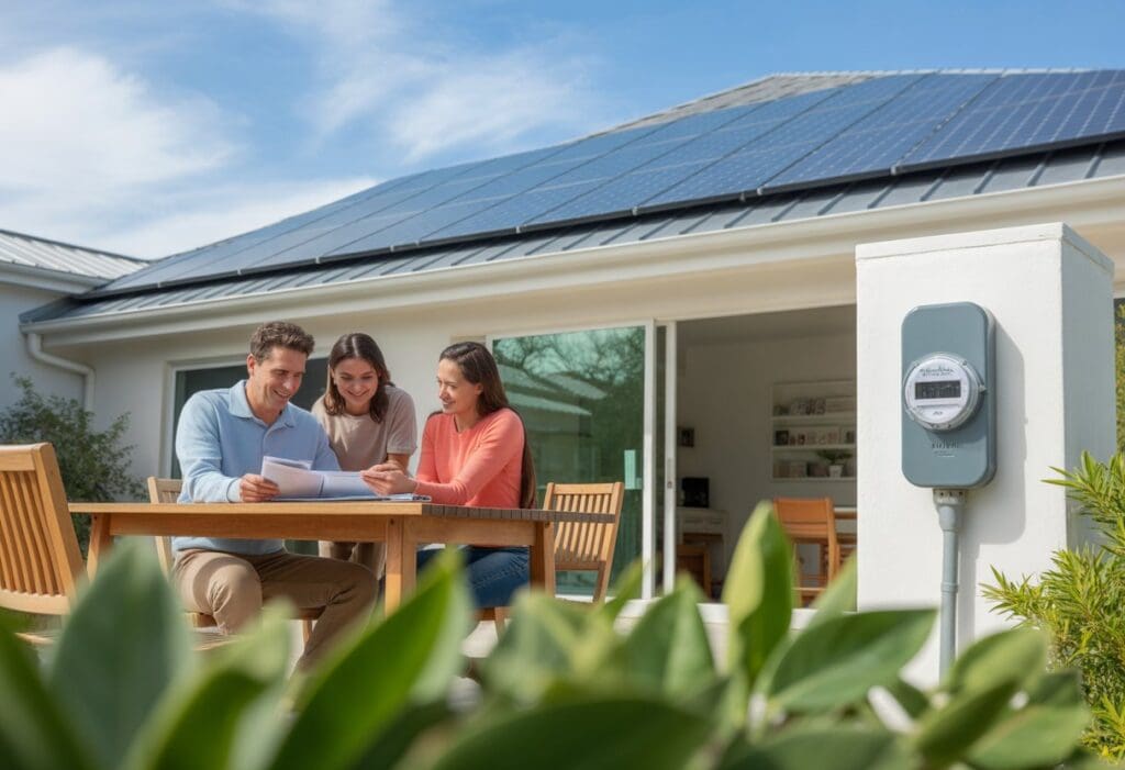 A family reviewing electricity bills outside a Texas home with solar panels and a smart meter visible.