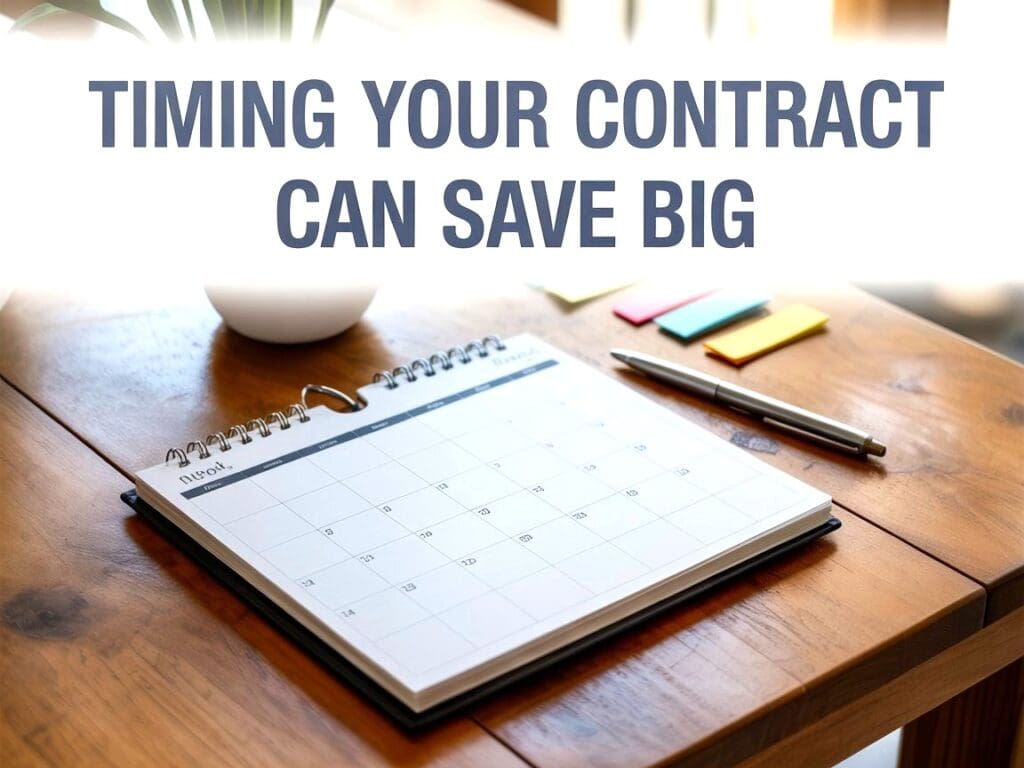 Save on Texas electricity rates: Time your contract! Desk calendar, pen, and sticky notes illustrate planning.