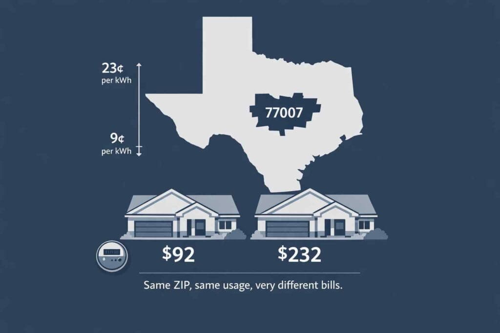 Texas electricity rates in zip code 77007 can vary widely. Homes show bills of $92 vs $232, highlighting price differences on texasview.com