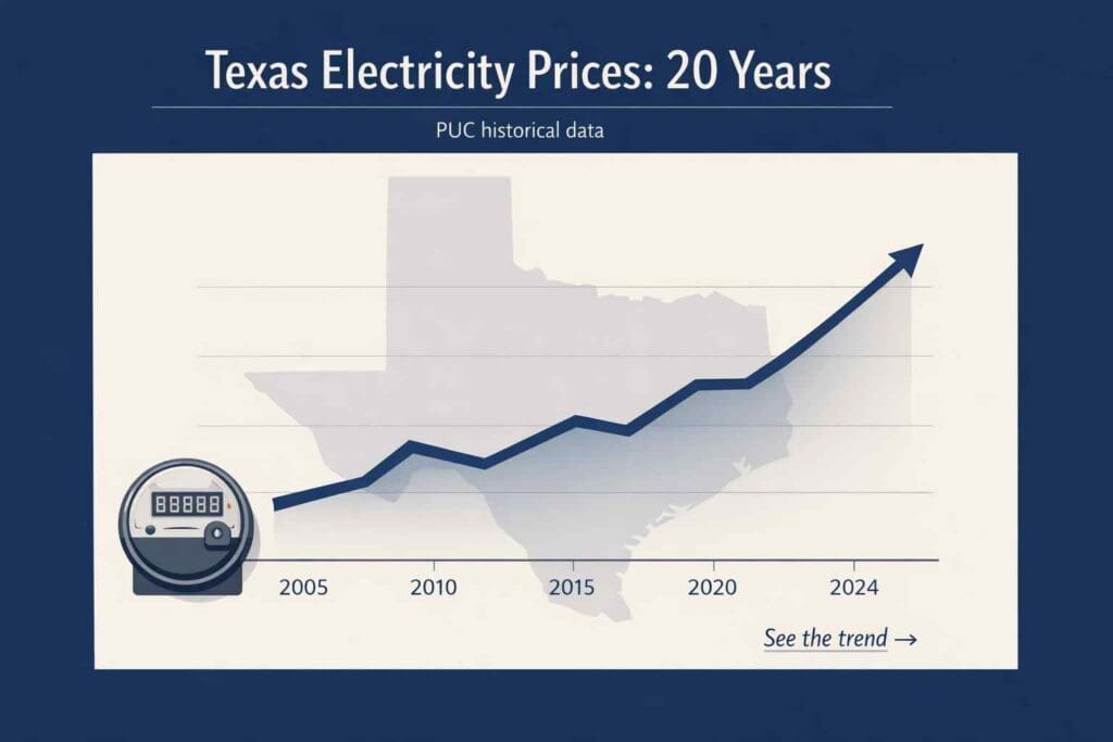 Texas electricity rates over time, 2005 to 2024, show a rising trend. Electricity prices in Texas, according to texasview.com.