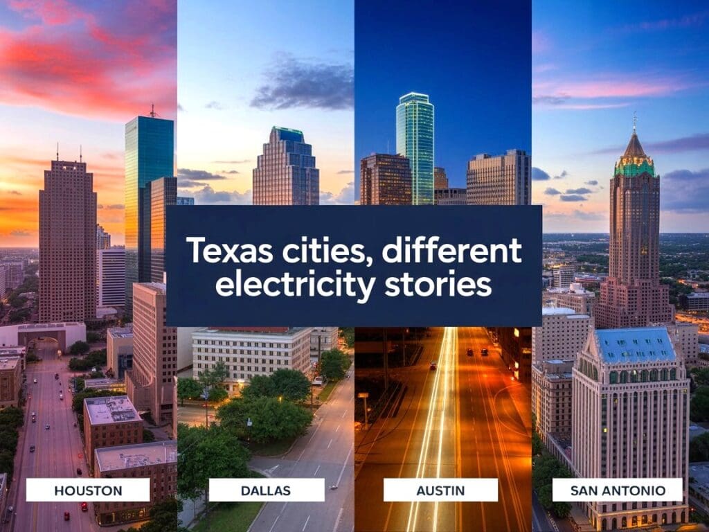 Texas electricity rates in Houston, Dallas, Austin, San Antonio. Skylines show different electricity stories for each city.