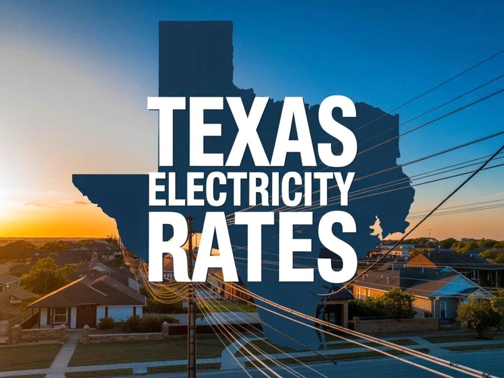 Texas Electricity Rates: Sunset view of a neighborhood with overlaid power lines and text promoting electricity rates.