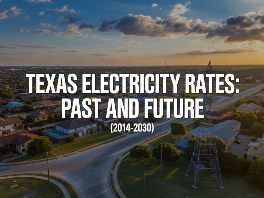 Texas electricity rates: past and future. Aerial view of suburb with transmission towers. Understand rate trends.