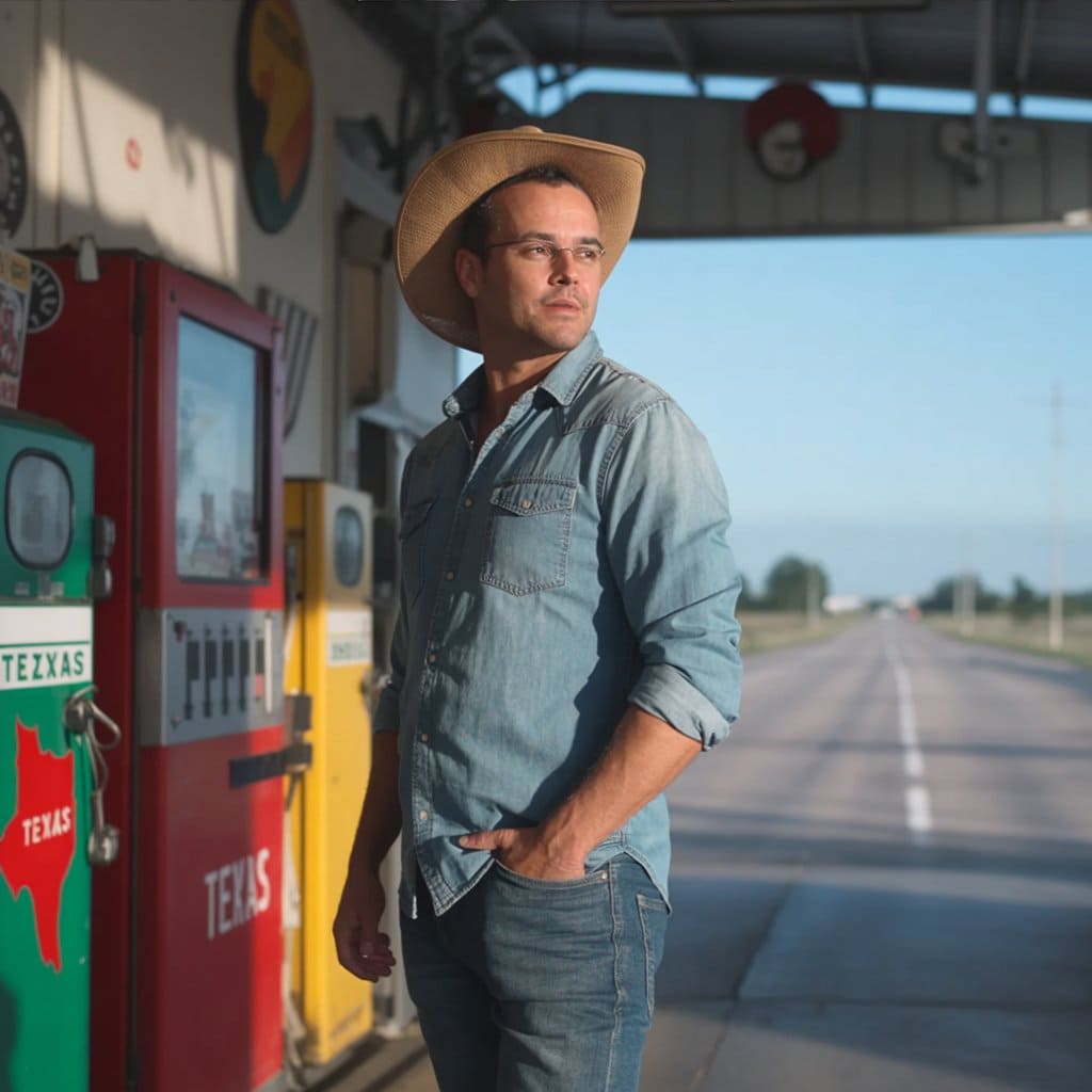 Christian Linden in Texas, a cowboy at a vintage gas station. Authentic Texas scene at texasview.com, capturing the essence of Texas.