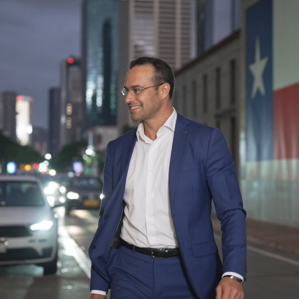 Christian Linden in Texas, a smiling man in a suit walking on a road, representing texasview.com, showcasing success and Texas pride.