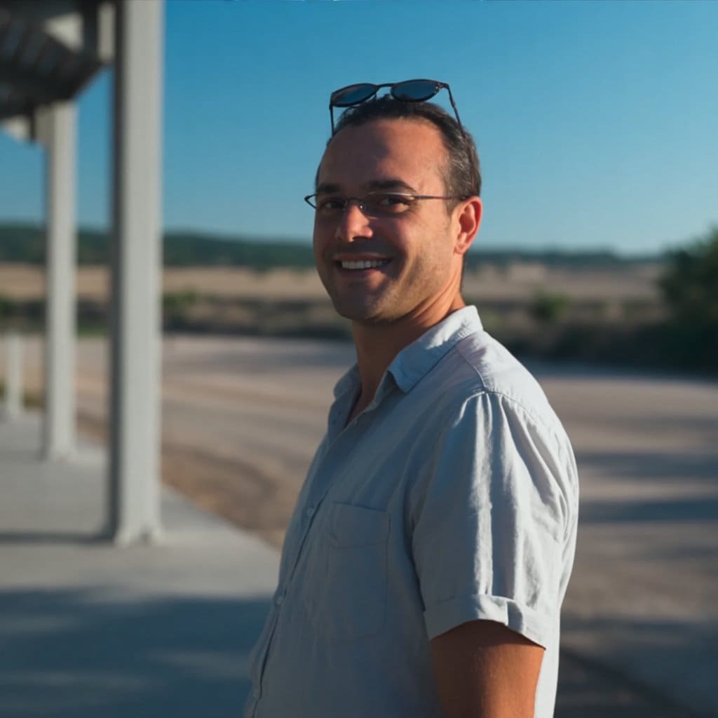 Christian Linden, Texas man smiling with glasses on head, outdoors. Portrait from texasview.com. Smiling Texas man, looking at camera.