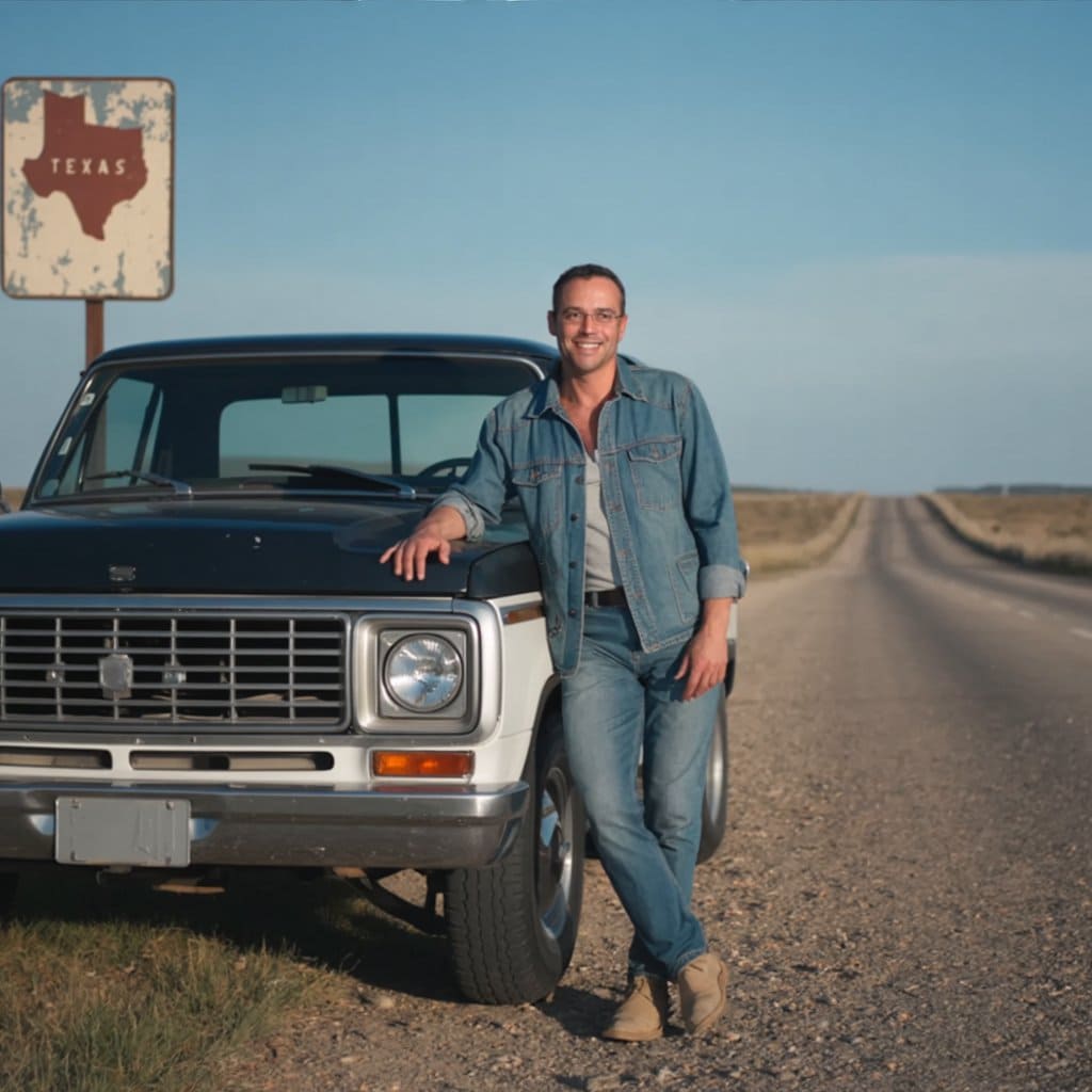 Texas State Trooper Christian Linden poses by a vintage Ford truck near a Texas sign on texasview.com. Patriotic law enforcement image.