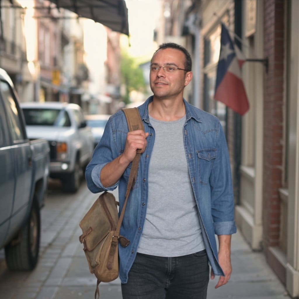Christian Linden walks down a Texas street, wearing a denim shirt and carrying a bag, as seen on texasview.com. Urban scene.
